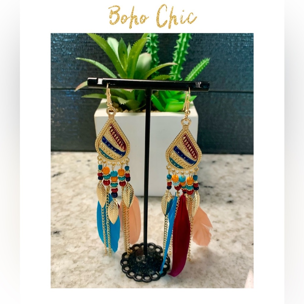Boho Chic Multi Color Feather Earrings - Picture 1 of 2